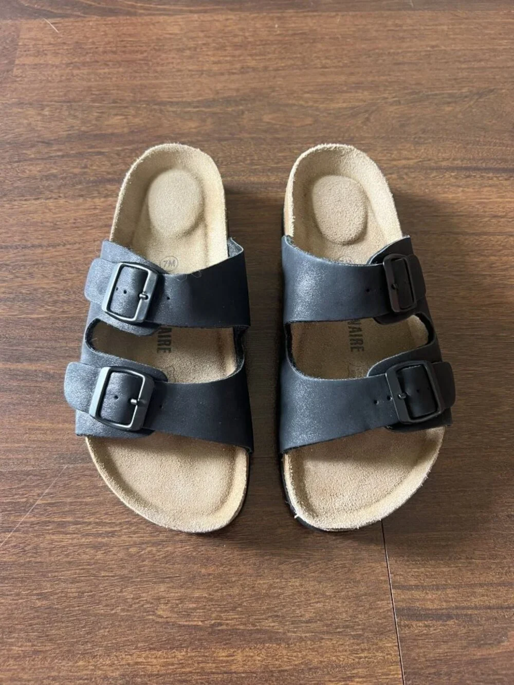Cushionaire Black Double Buckle Slide Sandals Cork Footbed Womens Size 7